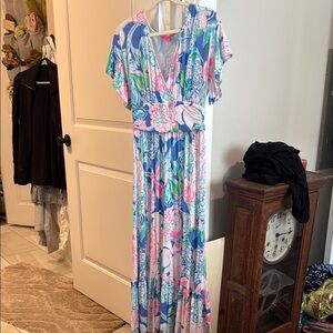 Floral V-Neck Maxi Dress in Blue & Pink
